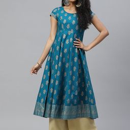 Poshak Hub Women Teal Blue & Golden Paisley Printed Pure Cotton Kurta-picture-35