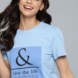 Mast & Harbour Women Blue & Black Printed Pure Cotton T-shirt-picture-24
