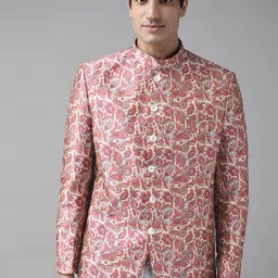 VASTRAMAY Men Pink & Off-White Slim Fit Printed Bandhgala-picture-14