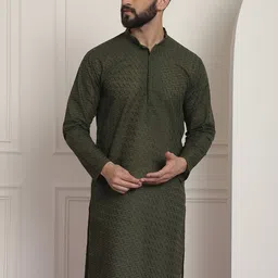 SOJANYA Men Green Geometric Embroidered Chikankari Kurta-image-32