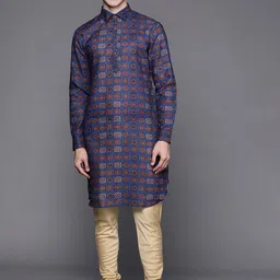 Manu Men Blue & Brown Ethnic Motifs Printed Pathani Kurta-image-36