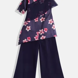 Ethnovog Girls Navy Blue  Pink Floral Print Made To Measure Kurti with Palazzos-image-38