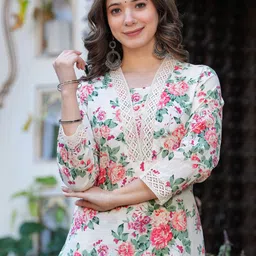 Royal Export Floral Printed V-Neck Cotton Straight Kurta With Trousers-13