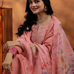 Libas Women Floral Yoke Design Regular Thread Work Kurta with Trousers & With Dupatta-picture-12
