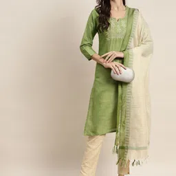 Jompers Women Green & Beige Embroidered Cotton Silk Kurta with Trousers & Dupatta-picture-18