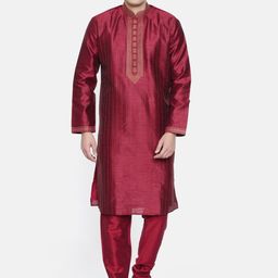 Ethnix by Raymond Men Maroon Striped Kurta with Churidar-image-53