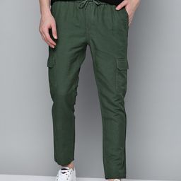 Mast & Harbour Men Green Solid Cotton Linen Cargo Trousers-image-44