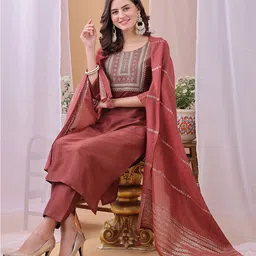 KALINI Yoke Design Sequinned Straight Kurta With Trousers And Dupatta-4