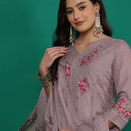 Sangria Women Floral Embroidered Straight Kurta & Trousers With Dupatta-19