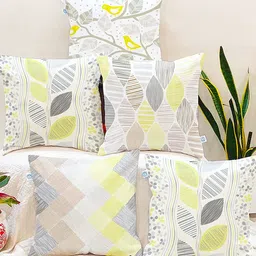 STITCHNEST Yellow & White Set of 5 Geometric Square Cushion Covers-8