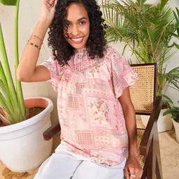 SASSAFRAS Peach-Coloured Floral Printed High Neck Flutter Sleeve Georgette Top-picture-12