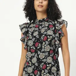 CHARMGAL Floral Printed Mandarin Collar Flutter Sleeve Georgette Top-image-7