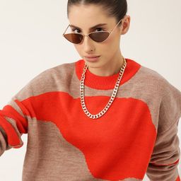 Kook N Keech Women Orange & Beige Colourblocked Pullover-image-20