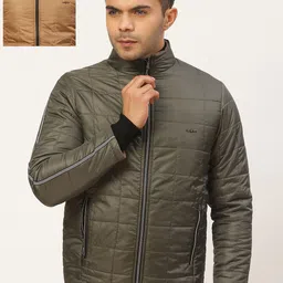 Pierre Carlo Men Olive Green & Mustard Brown Solid Reversible Quilted Jacket-image-73