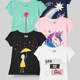 KUCHIPOO Girls Multicoloured 5 Printed Extended Sleeves Applique T-shirt-image-46
