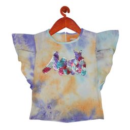 Tiny Girl Purple & Yellow Tie & Dye Print Flutter Sleeves Sequined Top-picture-13