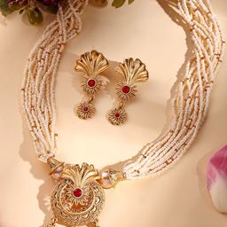 ADIVA 22K Gold-Plated Stone-Studded & Pearls BeadedJewellerySet-30