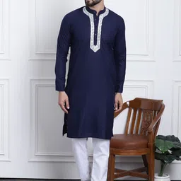 SOJANYA Men Navy Blue Pure Cotton Embroidered Kurta with Churidar-image-40