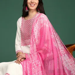 SHOWOFF Women Yoke Design Regular Thread Work Kurta with Patiala & With Dupatta-0