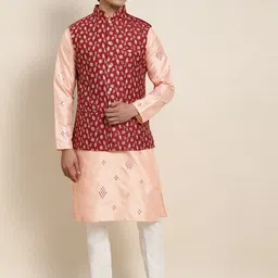 SOJANYA Men Peach-Coloured Floral Mirror Work Kurta with Pyjamas & Nehru Jacket-8