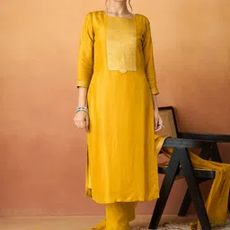 HRITIKA Ethnic Motifs Woven Design Round Neck Straight Kurta With Trousers And Dupatta-picture-4