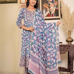 ERISHA Floral Printed Thread Work Pure Cotton Kurta with Trousers & Dupatta-picture-20