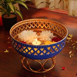 Ekhasa Blue Floral Textured Decorative Metal Urli Bowl With Stand-37