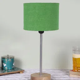 Devansh Green Textured Cylinder Shaped Wooden Contemporary Table Lamp-25