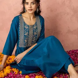 KALINI Ethnic Motifs Embroidered Thread Work Straight Kurta With Trousers-picture-24