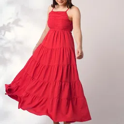 Globus Women Solid Gathered or Pleated Fit & Flare Maxi Dress-picture-3