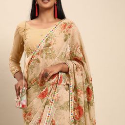Sangria Beige & Red Pure Georgette Floral Printed Saree-image-8