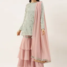 Ethnovog Women Sea Green  Pink Made To Measure Embroidered Kurti with Sharara  Dupatta-image-78