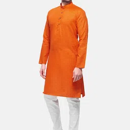 SHIWAM ETHNIX Men Orange Printed Cotton Kurta with Pyjamas-picture-9