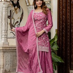 Trendmalls Women Floral Embroidered Kurta with Palazzos & Dupatta-image-63