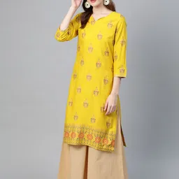 Idalia Women Mustard Yellow & Beige Printed Kurta with Palazzos-image-86