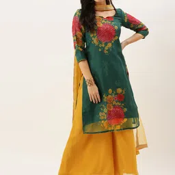 Ethnovog Women GreenYellow Printed Kurta with PalazzosDupatta-image-11