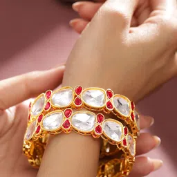 Rubans Set of 2 18K Gold-Plated White Cubic Zirconia & Ruby Red Stone Studded Bangles image 2