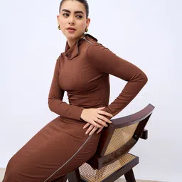 Styli Women Solid Self Design High Neck Bodycon Midi Dress-17