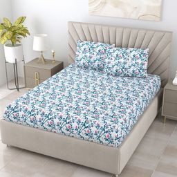 BOMBAY DYEING Blue & White Floral 144 TC King Bedsheet with 2 Pillow Covers-image-58
