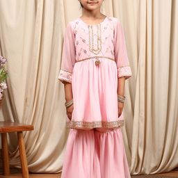pspeaches Girls Round Neck Embroidered Sequinned Anarkali Kurti with Sharara & Dupatta-image-19