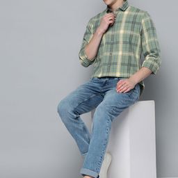 Mast & Harbour Men Sage Green & Yellow Tartan Checks Pure Cotton Casual Shirt-image-56