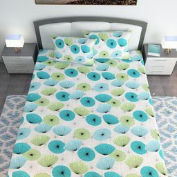Divine Casa White & Turquoise Blue Floral 120 TC King Bedsheet with 2 Pillow Covers-image-33