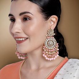 Peora Pink & White Gold Plated Crescent Shaped Kundan Chandbalis-14