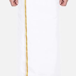 Ramraj Men Cotton Single Layer White Dhoti with Gold Jari Border image 3