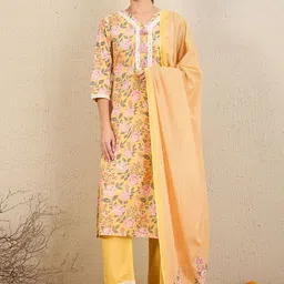 Anouk Floral Printed Regular Thread Work Pure Cotton Kurta With Trousers & Dupatta image 5