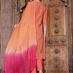 Stylum Peach-Coloured & Pink Woven Design Mirror Work Kurta With Trousers & Dupatta image 5