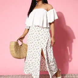 Berrylush Curve Plus Size Off-Shoulder Flared Sleeve Ruffles Crepe Bardot Crop Top-15