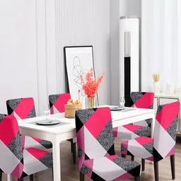 Cortina Pink & White 6 Pieces Geometric Printed Super Stretchable Dining Chair Covers-image-52