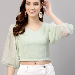 NEUDIS V-Neck Regular Puff Sleeve Crop Opaque Casual Top-image-15