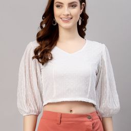 NEUDIS V-Neck Regular Puff Sleeve Crop Opaque Casual Top-picture-23